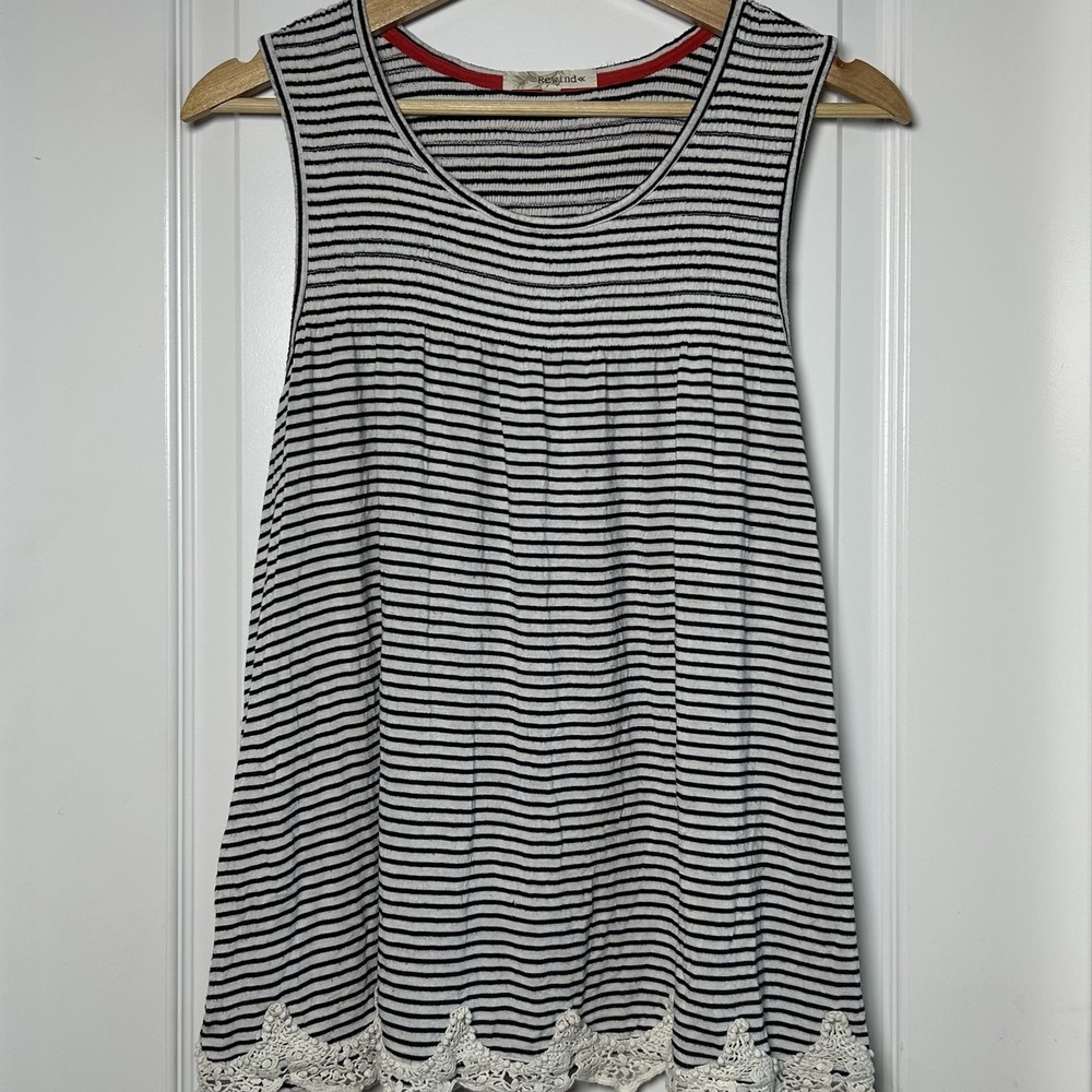 Rewind Black White Stripe Crochet Lace Hem Trim Tank‎ Top Nautical Preppy Style